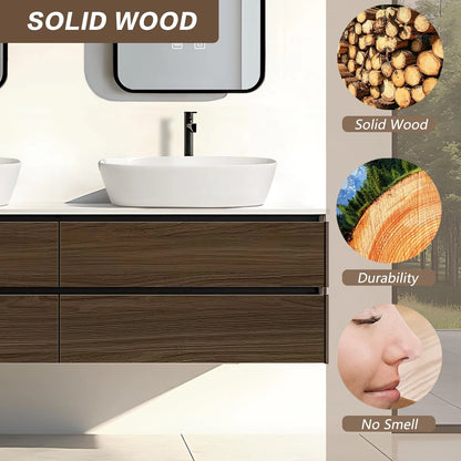 60” - 78” Dark Brown Bathroom Vanity with Four Large Drawers & Above Counter Sinks