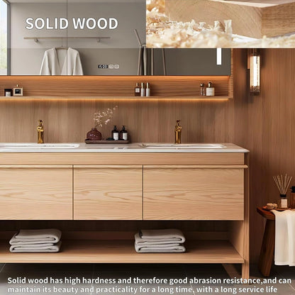 60” - 76” Brown Wood Bathroom Vanity with Hidden Handles Design & Ceramic Basin
