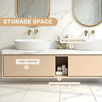60” - 78” Minimalist Practical Bathroom Vanity Includes Beige Cabinet & Irregular Mirrors