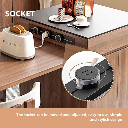 61” - 81” Brown Elegant Kitchen Island with Pull-Out Cabinet&Dining Table (No Chair)