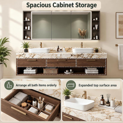 52''-110'' Modern Floating Bathroom Vanity with Double Sink Includes Wood Drawer Storage