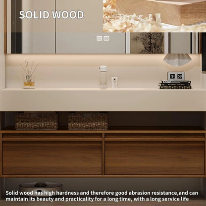 48” - 64” Wood Grain Bathroom Vanity with Rock Slab Integrated Sink