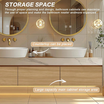 60” - 96” Modern Warm Bathroom Vanity Includes Textured Rock Slab