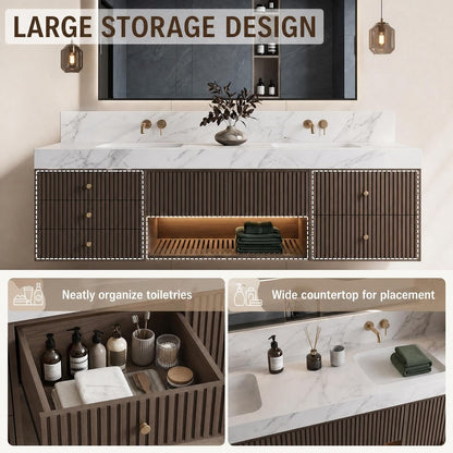 52''-110'' Bathroom Vanity with Double Sink Includes Drawers & Open Shelf