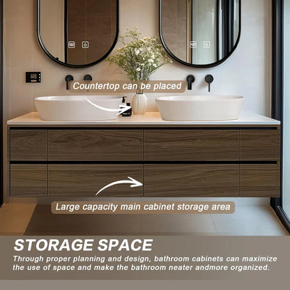 60” - 78” Exquisite Floating Bathroom Vanity Includes Brown Log Cabinet & Irregular Mirror