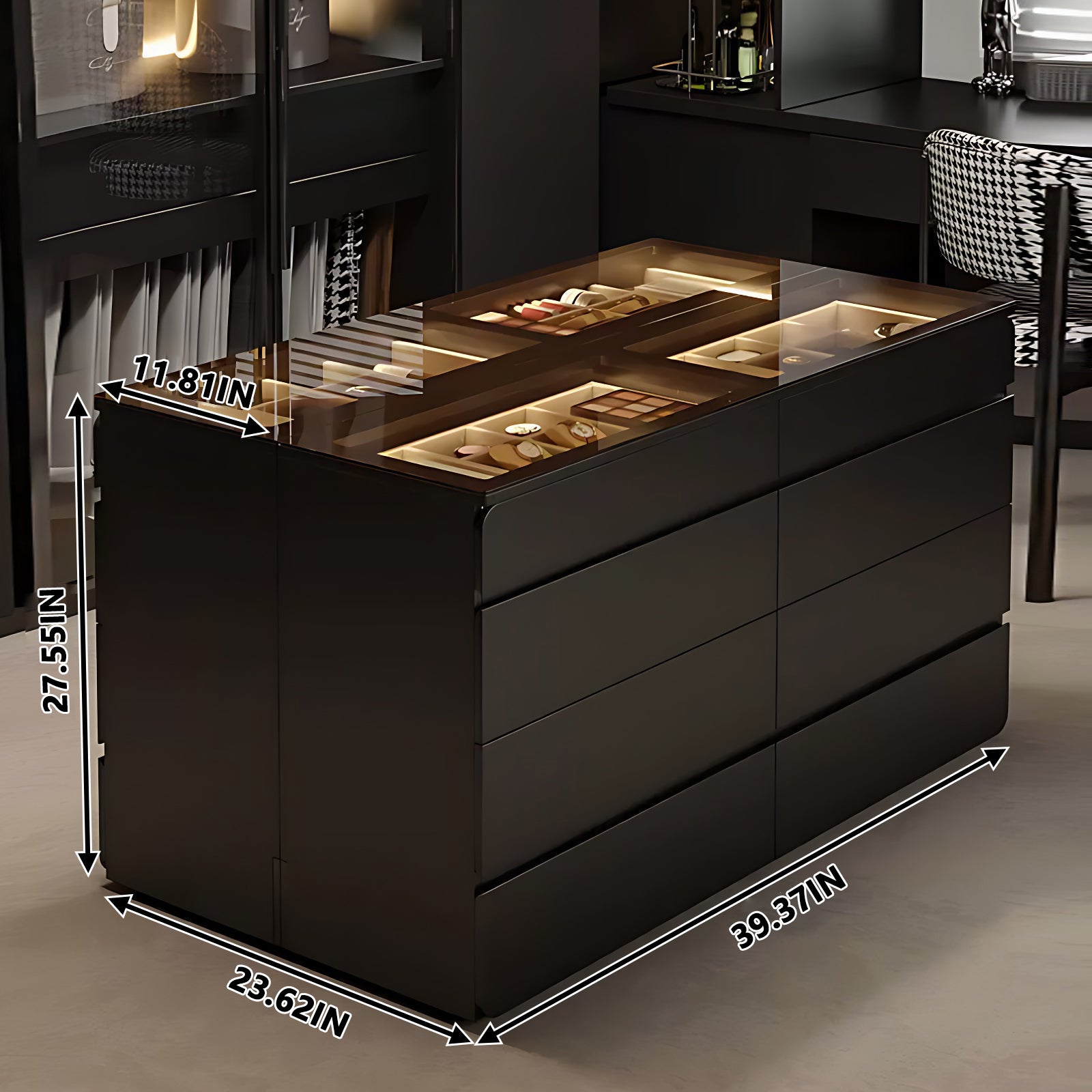 39-55' Black Glass-Top Walk-In Closet Island Dresser & Chest Jewelry Storage 24IN / 39IN 39-55' Black Glass-Top Walk-In Closet Island Dresser & Chest Jewelry Storage 24IN / 39IN