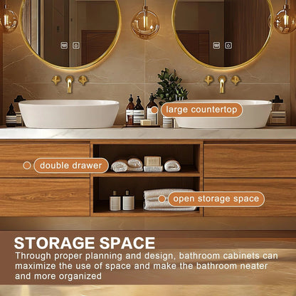 60” – 96” Natural Floating Bathroom Vanity Includes Open Storage Rack & Patterned Countertop