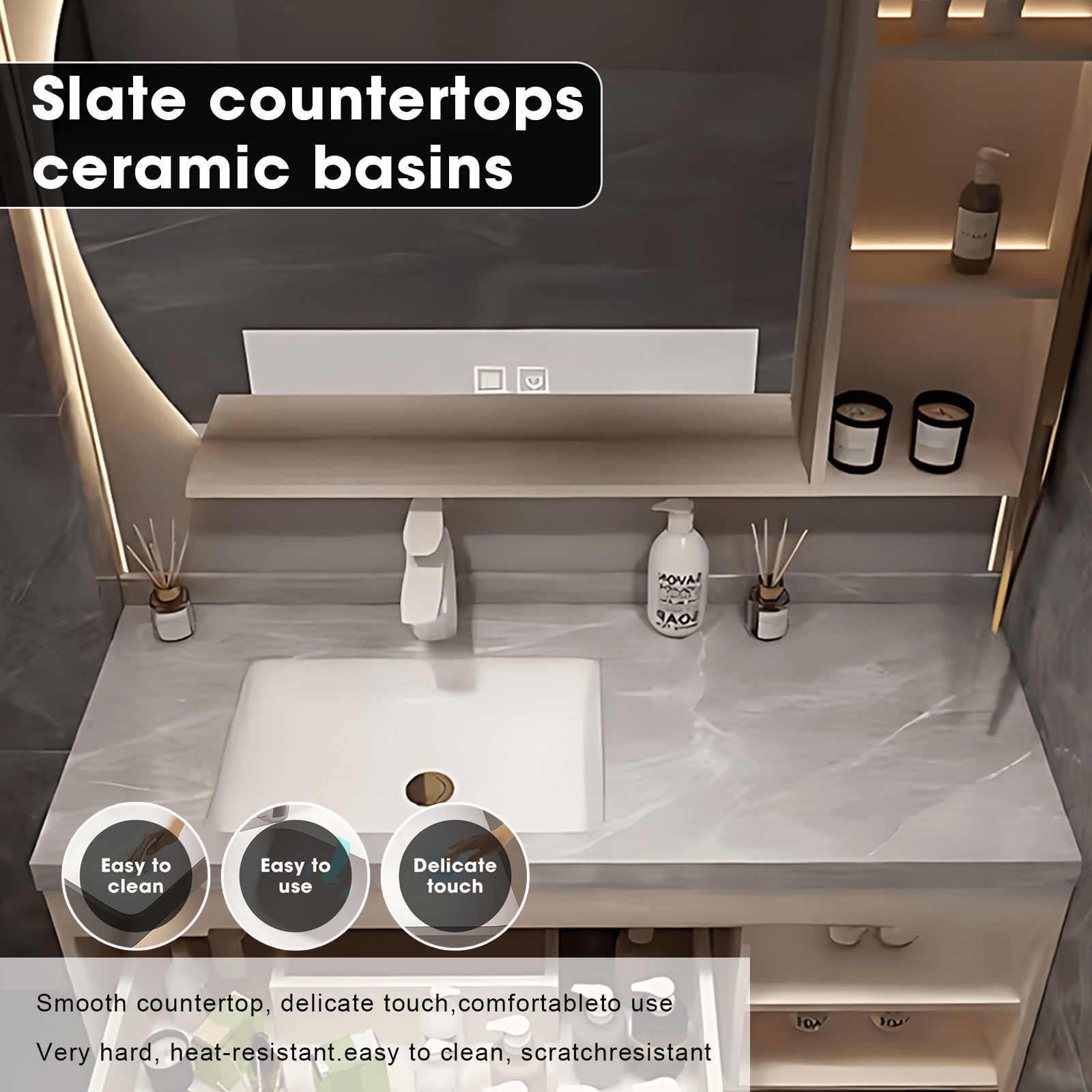 36"- 60"  Open Storage Modern White  Bathroom Vanity with Single Sink and Led Light Mirror