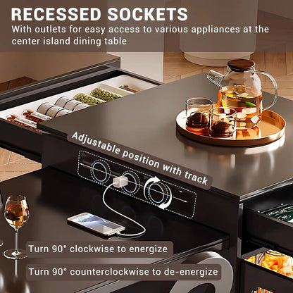 89” - 96” American Black Kitchen Island with Striped Glass Storage Door (No Chair)