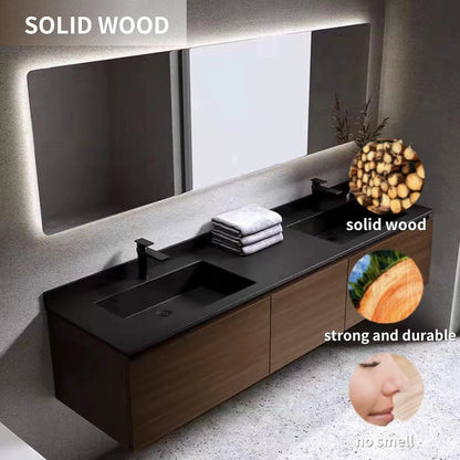 60” - 78” Minimalist Luxury Bathroom Vanity with Rock Slab Ceramic Basin