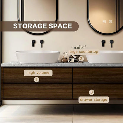 60” -78” Dark Wood Bathroom Vanity Includes Symmetrical Locker Design & Double Sinks