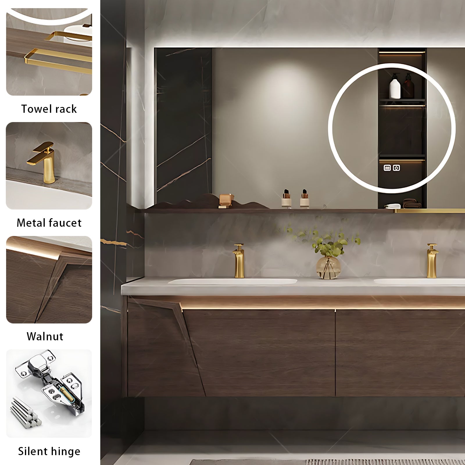 52"- 78" Solid Wood Double Sink Bathroom Vanity Set with Smart Mirror