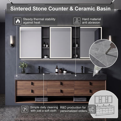 52‘’-110‘’ Modern Bathroom Vanity with Sinks Includes Bronze Frame,Open Center Shelf