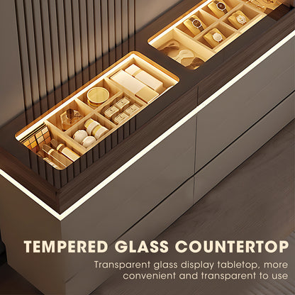 Modern Wardrobe Island Cabinet with Visible Tempered Glass Top - High-End, Large Capacity, Sectional Storage with LED Light and Jewelry Display