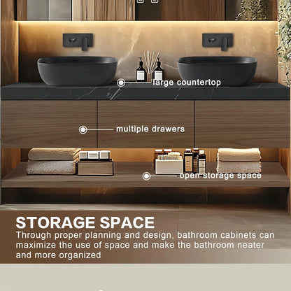 60” - 68” Minimalist Bathroom Vanity Includes Grey Sink & Wood Grain Cabinet
