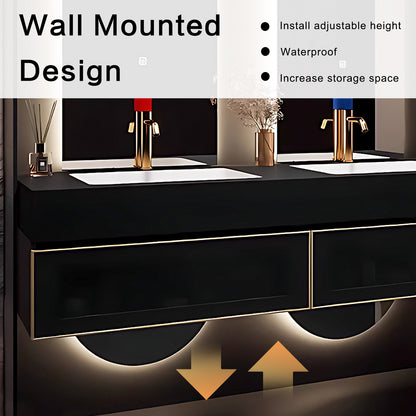 56"- 78" Wall Mounted Double Ceramics Sink With Oval Mirror LED Lighting