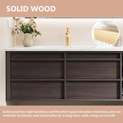40” - 60” Brown Wood Bathroom Vanity with Open Storage Rack & Integrated Basin