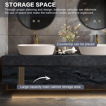 60” - 78” Sophisticated Bathroom Vanity with Symmetrical Gold Line Storage Cabinet