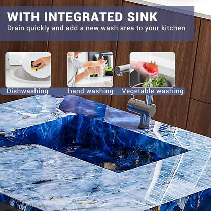 94” - 109” Exquisite Kitchen Island with Blue Unique Texture & Visual Storage (No Chair)