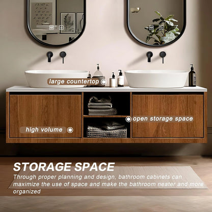 60” - 78” Wood Grain Bathroom Vanity with Open Storage Space