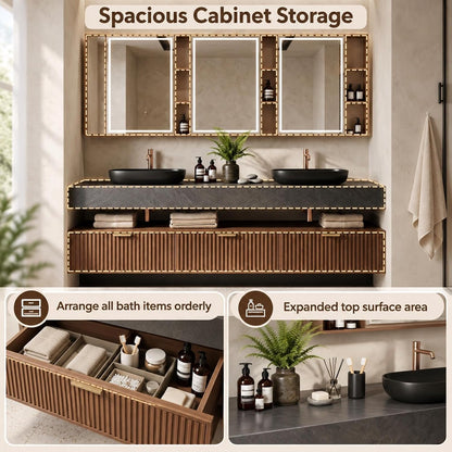 72-110‘ ’Floating Bathroom Vanity with Double Sink with Fluted Wood Front