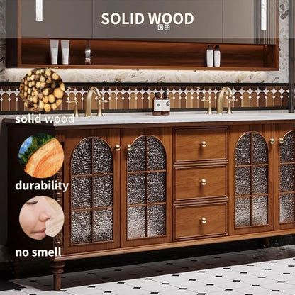 60” - 76” Retro Bathroom Vanity with Glass Door Design and Open Storage Rack