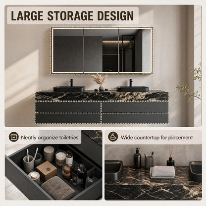 52''-110'' Floating Bathroom Vanity with Double Sink Includes Luxury Black Drawers