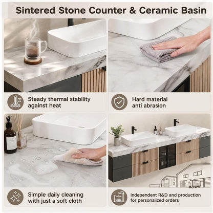 52''-110'' Floating Bathroom Vanity with Double Sink Includes Open Glass Shelves
