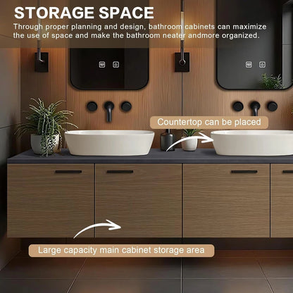 60” - 84” Brown Practical Bathroom Vanity with Black Slate Countertop and Wood Grain Cabinet