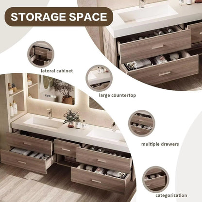 84” - 96” Exquisite Simple Bathroom Vanity with Three Mirrors Design & Wood Grain Color