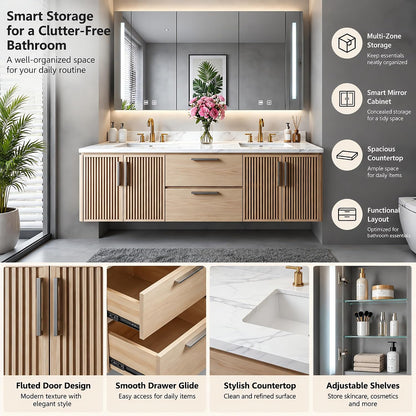 52''-110'' Double Sink Bathroom Vanity Inlcudes Fluted Cabinet,Roomy Storage