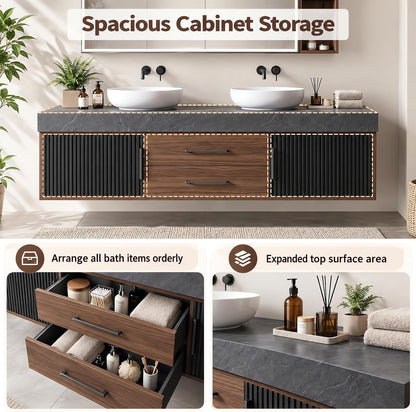 52‘’-110‘’ Floating Bathroom Vanity with Sink  Includes Walnut Drawer Accents