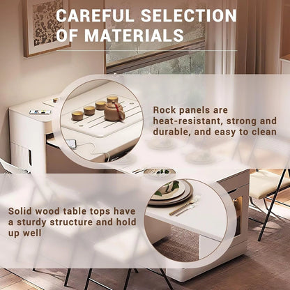 White Minimalist Kitchen Island with Foldable Cabinets & Visual Storage (6 Chairs)