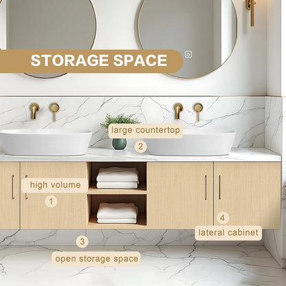 60” - 84” Simple Log Bathroom Vanity with Above Counter Sinks & White Countertop