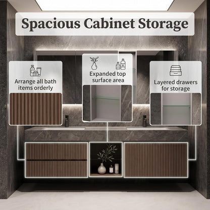 52''-110'' Floating Modern Bathroom Vanity with Double Sinks Includes Open Center Shelf
