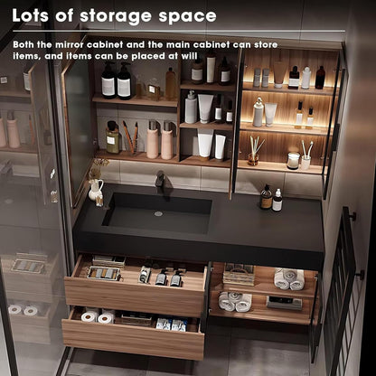 60” Brown Bathroom Vanity IMarble Slate Sink & Additional Side Cabinets