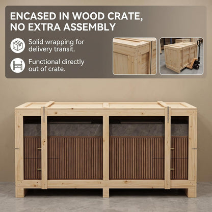 52‘’-110‘’ Freestanding Bathroom Vanity Sinks Set Includes  Vertical Slats,Walnut Wood Veneer