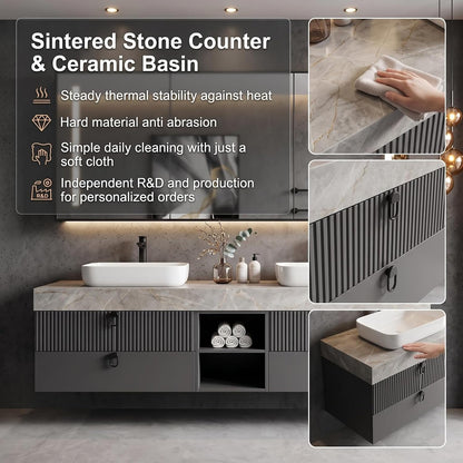 52''-110'' Floating Bathroom Vanity with Double Sinks Includes Sintered Stone Top