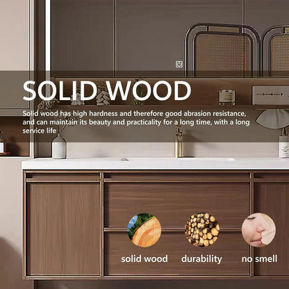 56” - 68” Retro Log Bathroom Vanity with Hidden Handle & LED Smart Defog Mirror