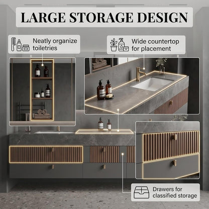 52''-110'' Floating Bathroom Vanity with Sinks Inlcudes Drawer Storage,Gray Sintered Stone Top