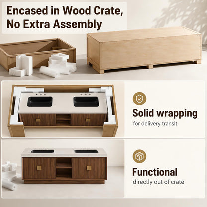 52‘’-110‘’ Floating Bathroom Vanity with Double Sinks Includes Walnut Wood Frame