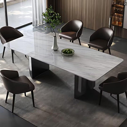 55.11"-70.86"Rectangular Sintered Stone Dining Table, White Marble Top with Black Metal Base