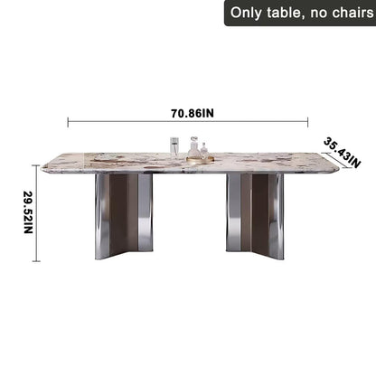 55"-71"Luxury Sintered Stone Dining Table, Rectangular with Marble-Look Top & Metal Base