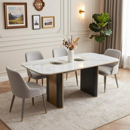 55.12"-78.74"Modern White Marble Dining Table, Luxury Kitchen Table with Sleek Gold Trim Base