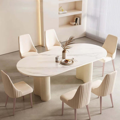 55.12"-78.74"Oval White Marble Dining Table, Modern Table with Fluted Cream Pedestal Base