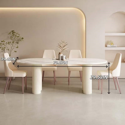 55.12"-78.74"Oval White Marble Dining Table, Modern Table with Fluted Cream Pedestal Base