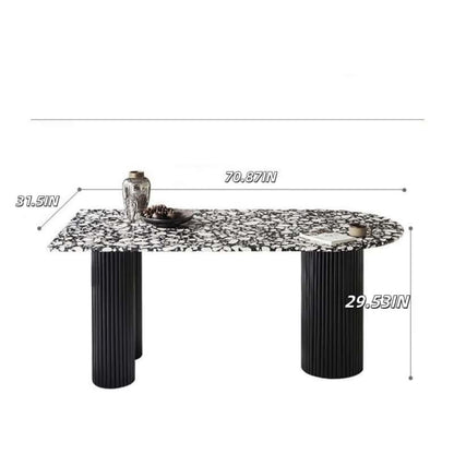 55.12"-70.87"Oval Terrazzo Dining Table, Durable Black Fluted Base