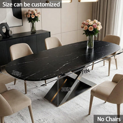 55.12"-78.74"Luxury Black Marble Oval Dining Table, Contemporary Table with Sleek Gold Metal Legs