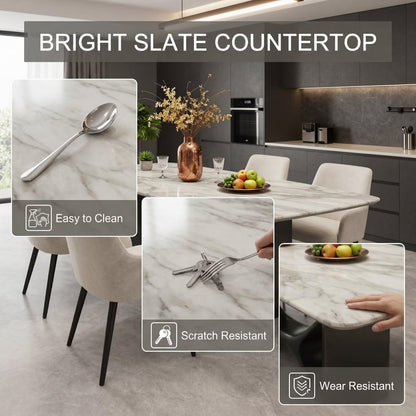 55.12"-78.74"White Marble Dining Table, Modern Rectangular Kitchen Table with Black X-Style Base