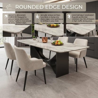 55.12"-78.74"White Marble Dining Table, Modern Rectangular Kitchen Table with Black X-Style Base